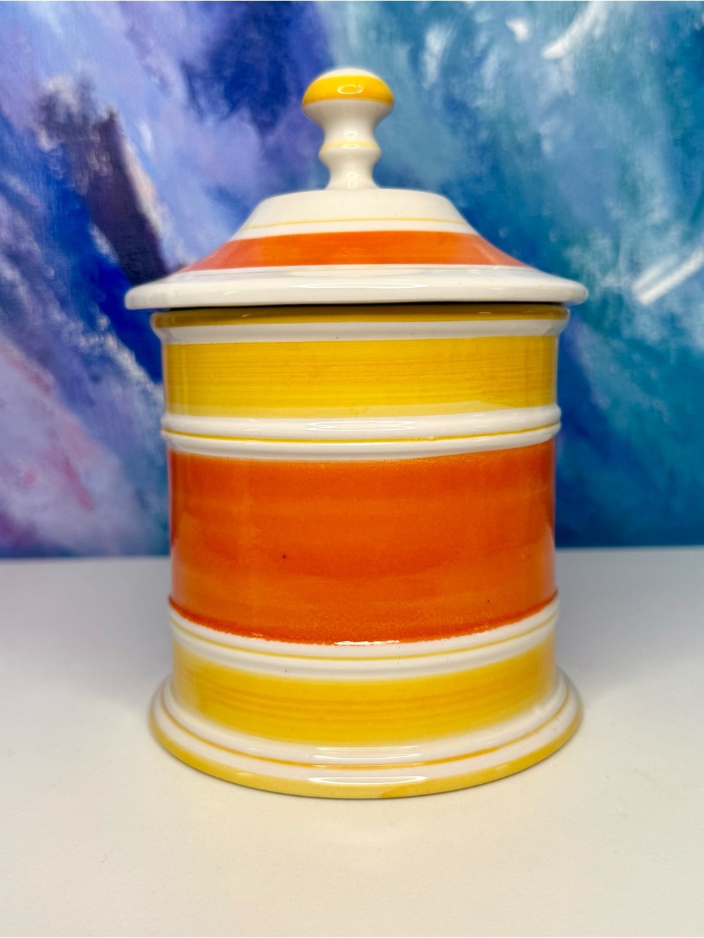 Vintage Made in Italy Apothecary Jar Orange White Yellow Ceramic Lid Storage